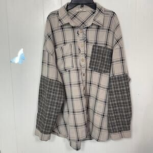 Listicle Womens Plaid Button Up Shirt Medium Brown Plaid Long Sleeve Pockets